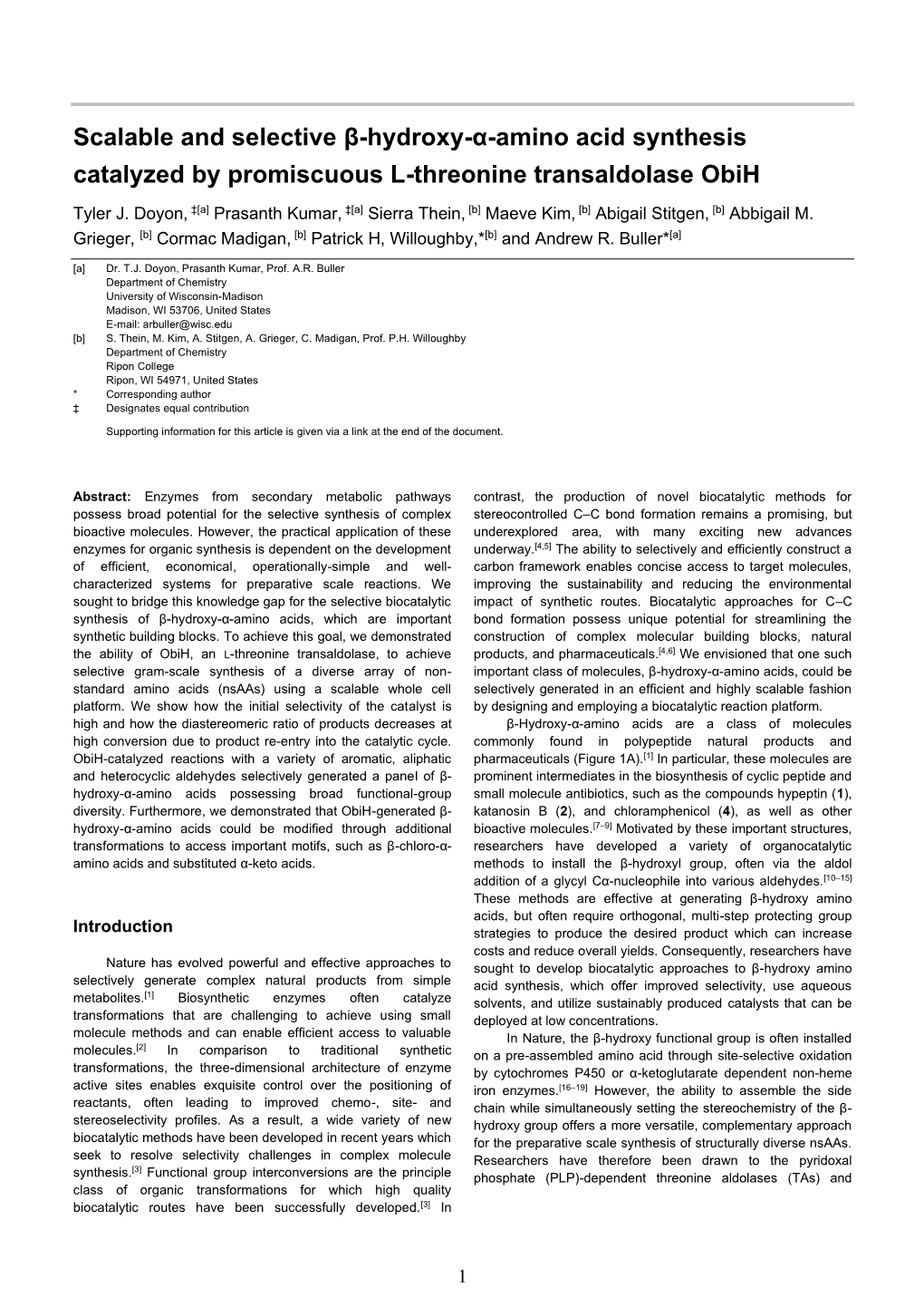 Scalable and Selective Β-Hydroxy-Α-Amino Acid Synthesis Catalyzed by Promiscuous L-Threonine Transaldolase Obih