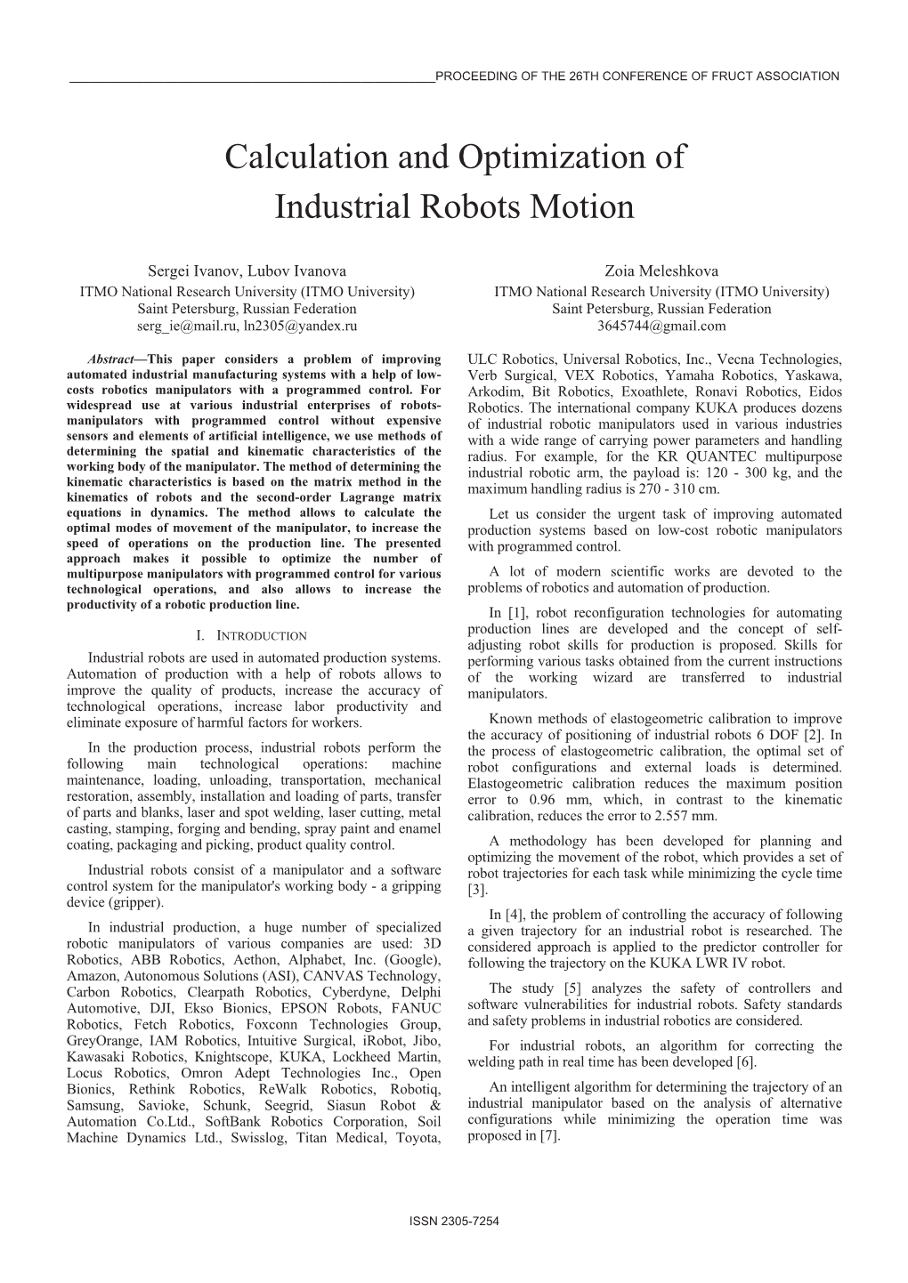 Calculation and Optimization of Industrial Robots Motion