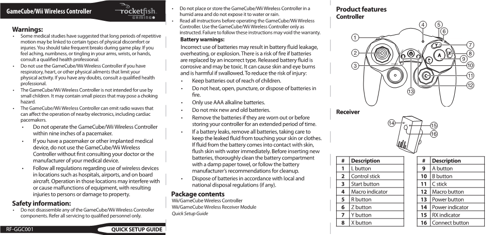 Safety Information: Gamecube/Wii Wireless Controller Package Contents