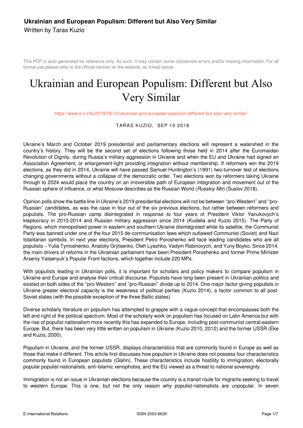 Ukrainian and European Populism: Different but Also Very Similar Written by Taras Kuzio