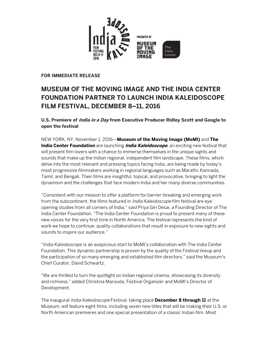 Museum of the Moving Image and the India Center Foundation Partner to Launch India Kaleidoscope Film Festival, December 8–11, 2016