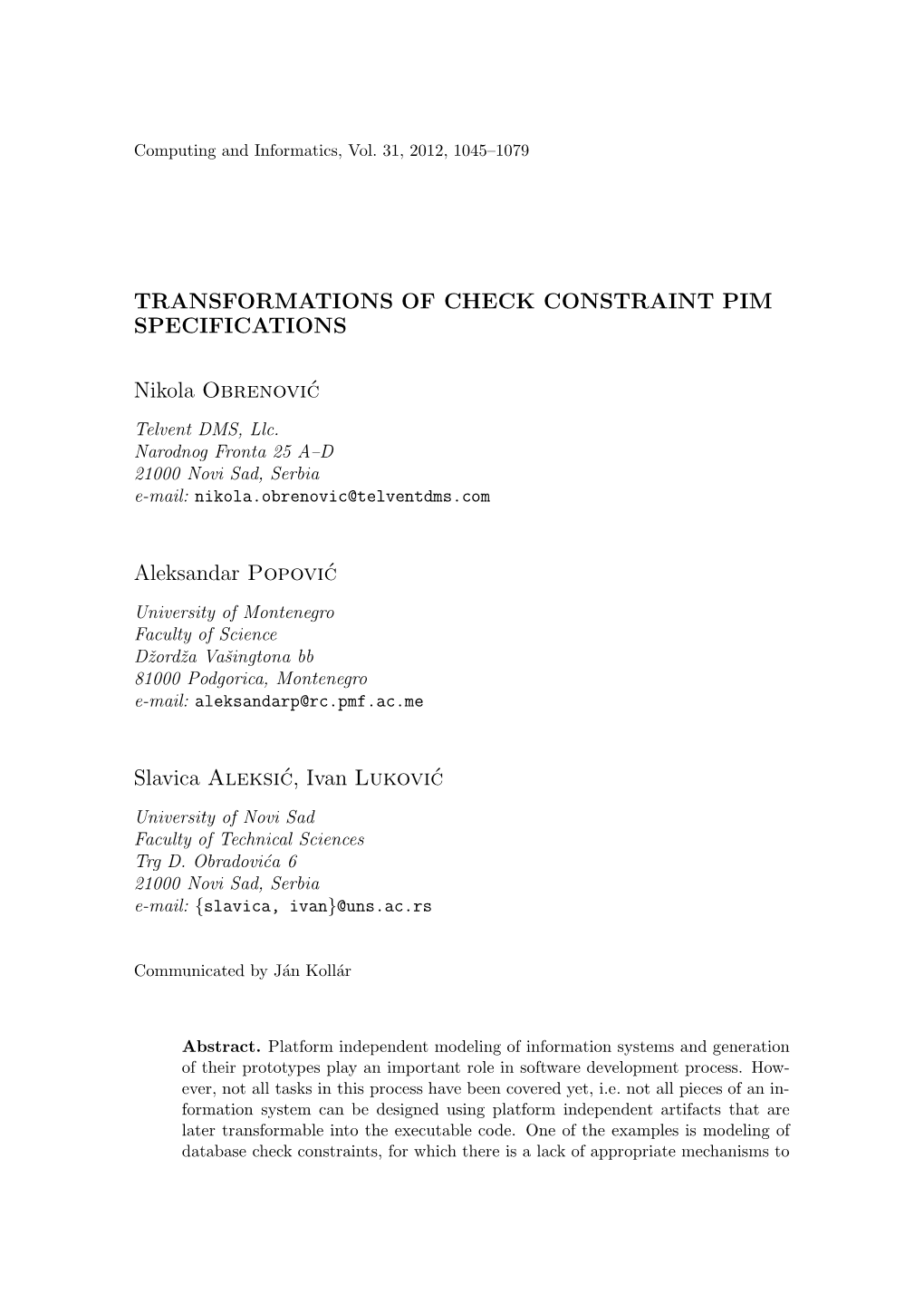 Transformations of Check Constraint Pim Specifications