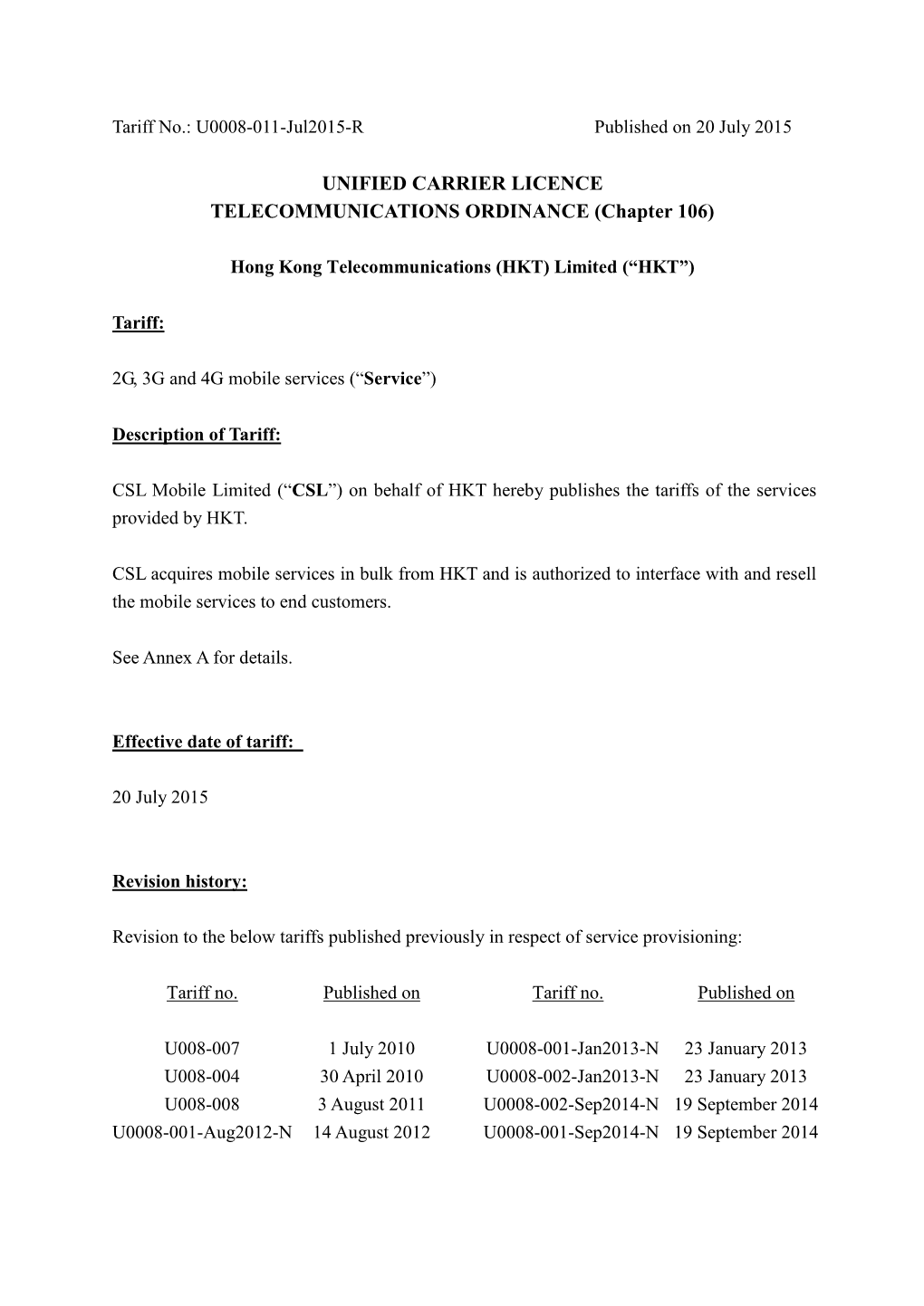 Guidelines on Publication of Tariff