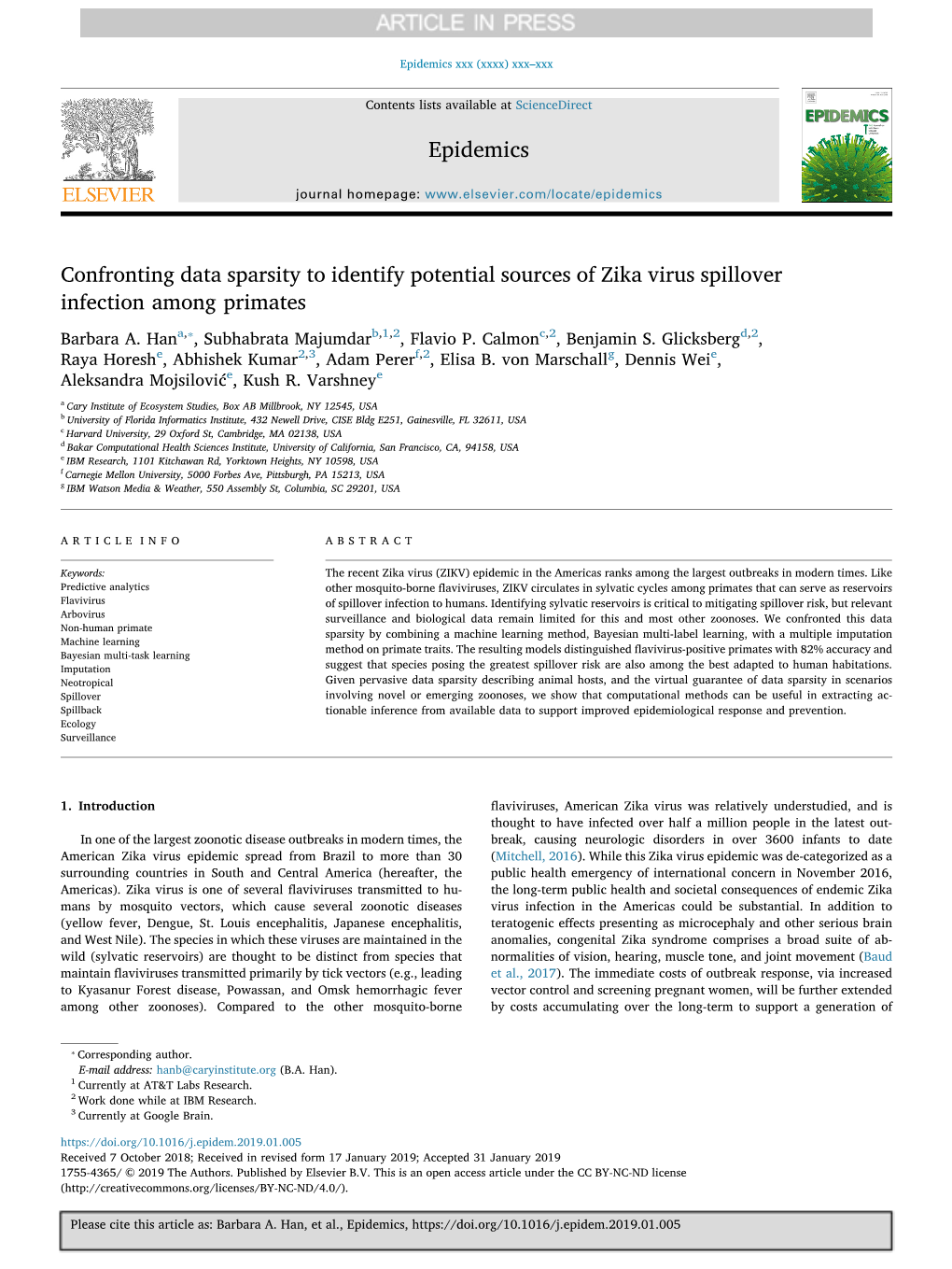 Confronting Data Sparsity to Identify Potential Sources of Zika Virus Spillover Infection Among Primates ⁎ Barbara A