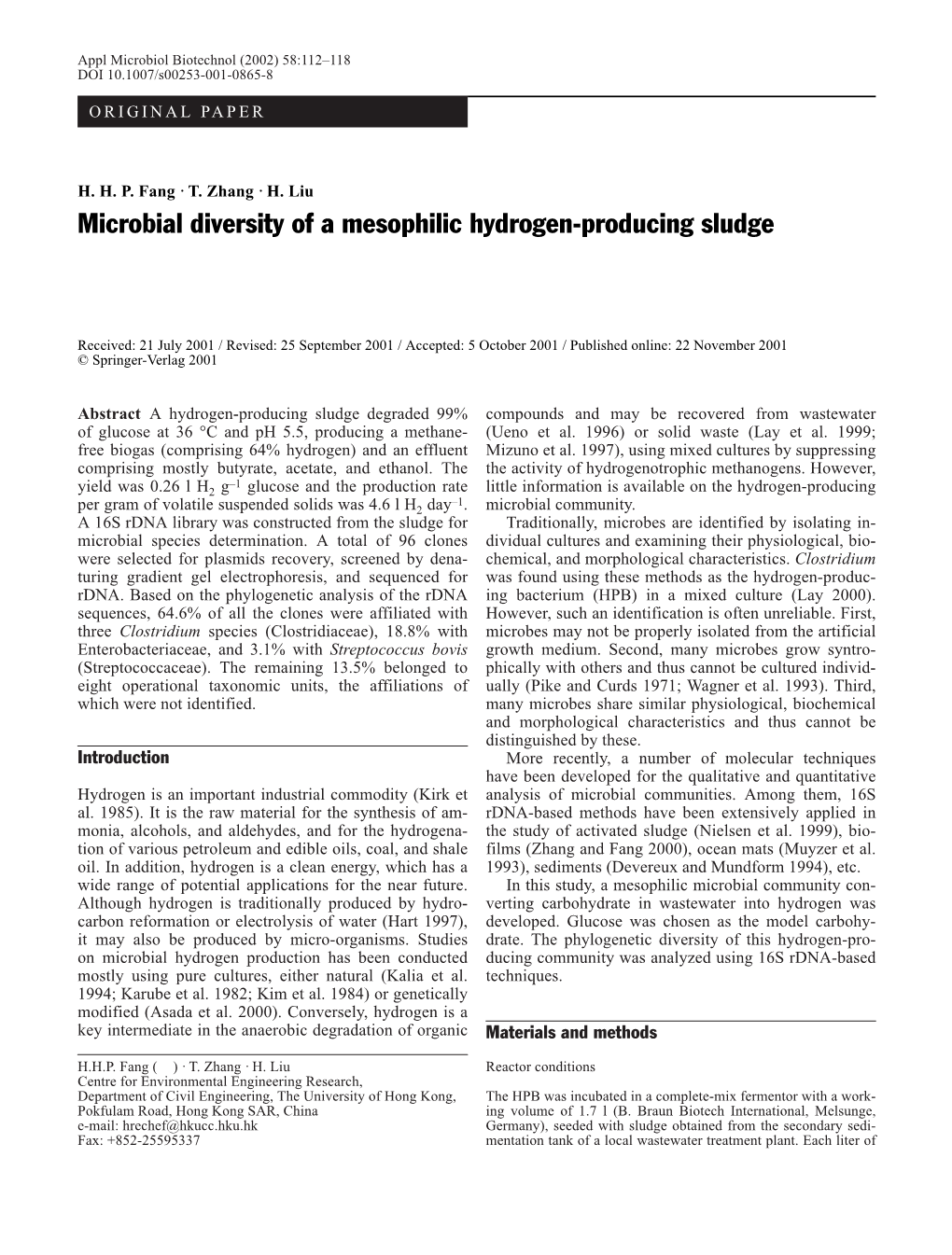 Microbial Diversity of a Mesophilic Hydrogen-Producing Sludge