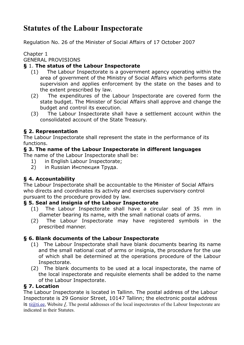 Statutes of the Labour Inspectorate