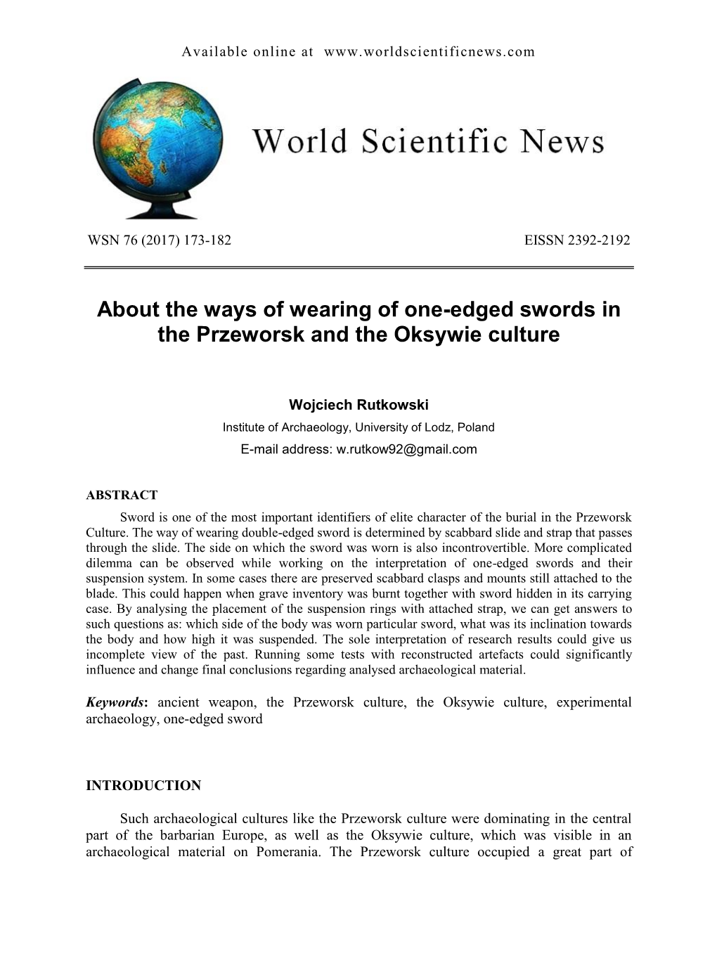 About the Ways of Wearing of One-Edged Swords in the Przeworsk and the Oksywie Culture