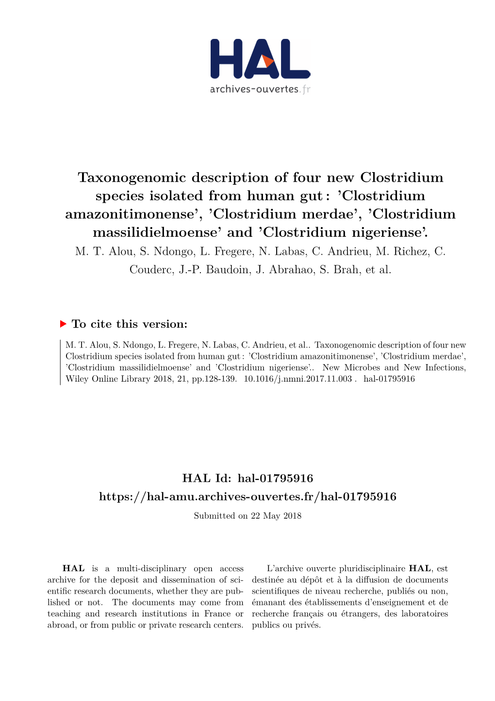 Clostridium Amazonitimonense’, ’Clostridium Merdae’, ’Clostridium Massilidielmoense’ and ’Clostridium Nigeriense’