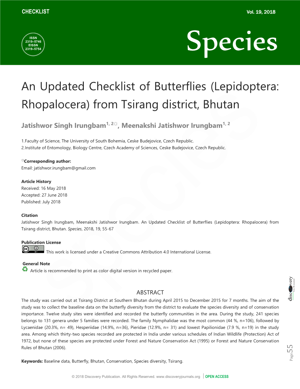 An Updated Checklist of Butterflies (Lepidoptera: Rhopalocera) from Tsirang District, Bhutan