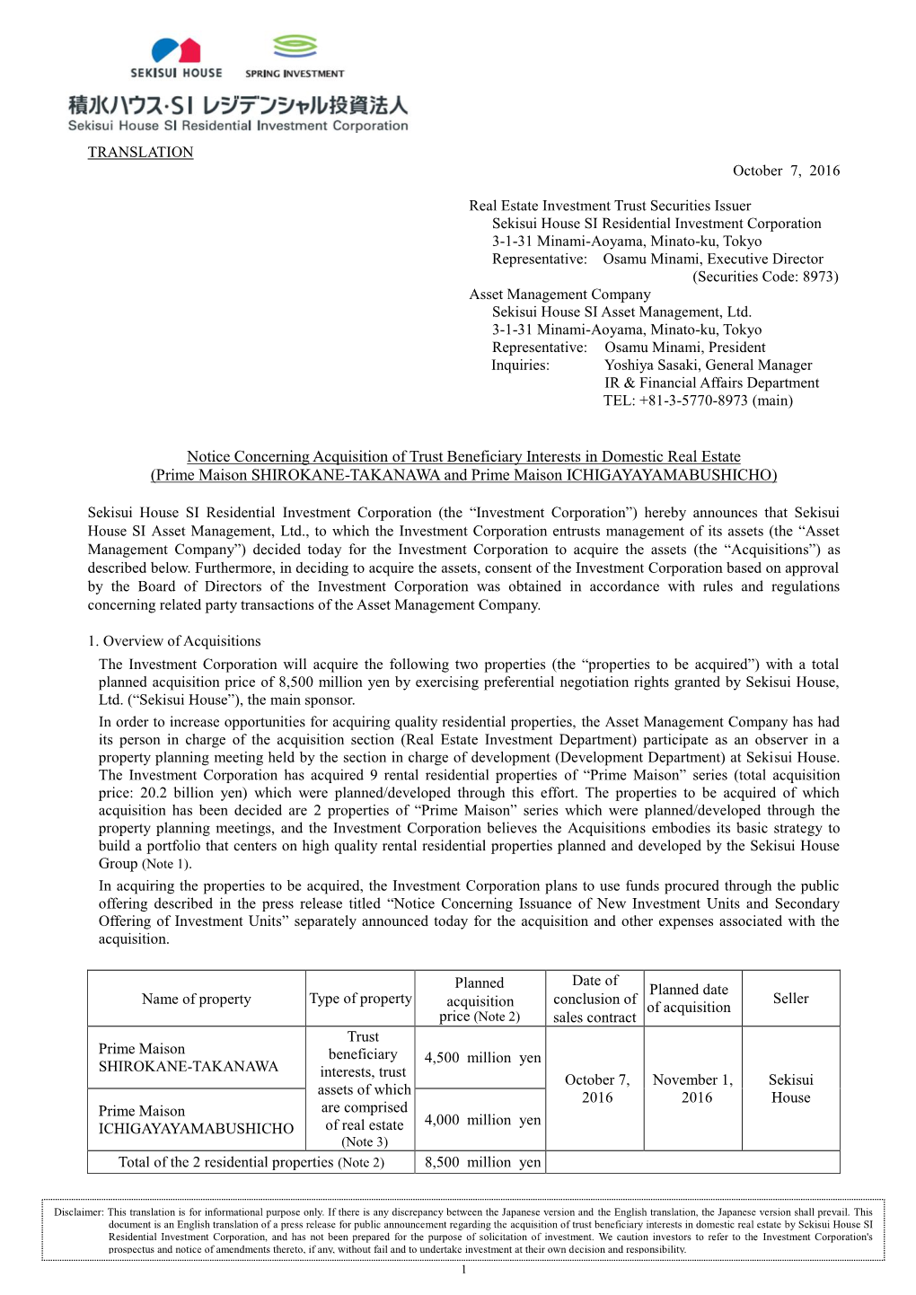 Notice Concerning Acquisition of Trust Beneficiary Interests in Domestic Real Estate (Prime Maison SHIROKANE-TAKANAWA and Prime Maison ICHIGAYAYAMABUSHICHO)