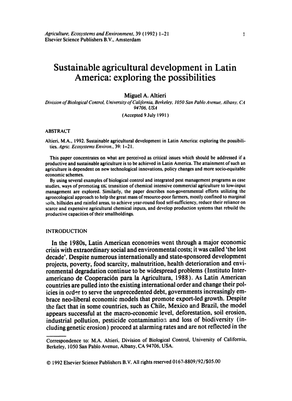 Sustainable Agricultural Development in Latin America: Exploring the Possibilities