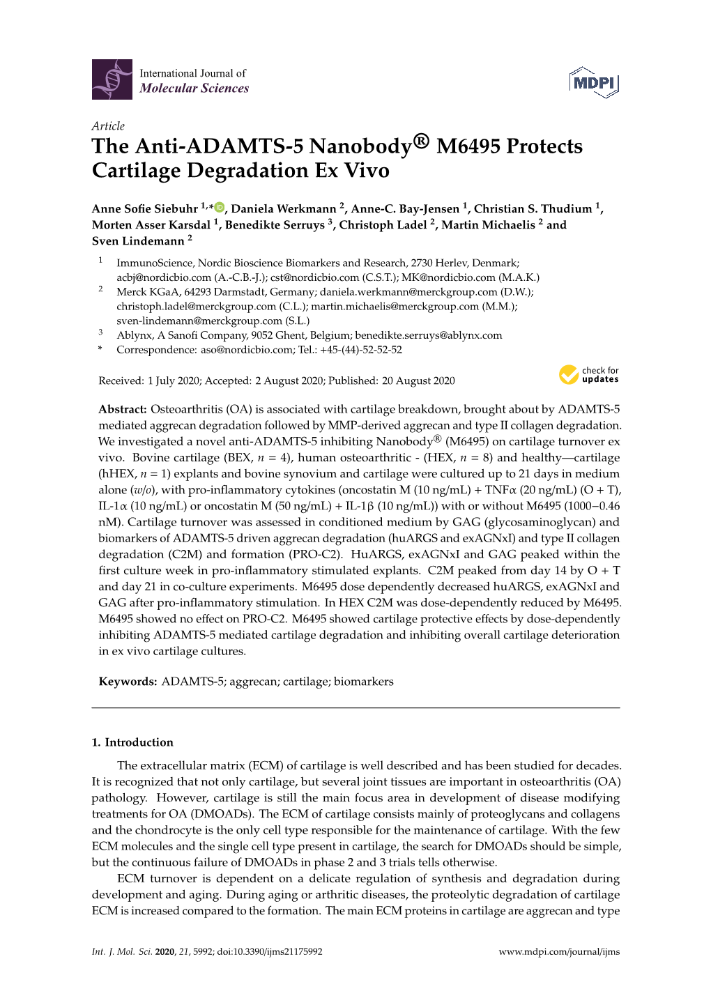 The Anti-ADAMTS-5 Nanobody® M6495 Protects Cartilage Degradation Ex Vivo