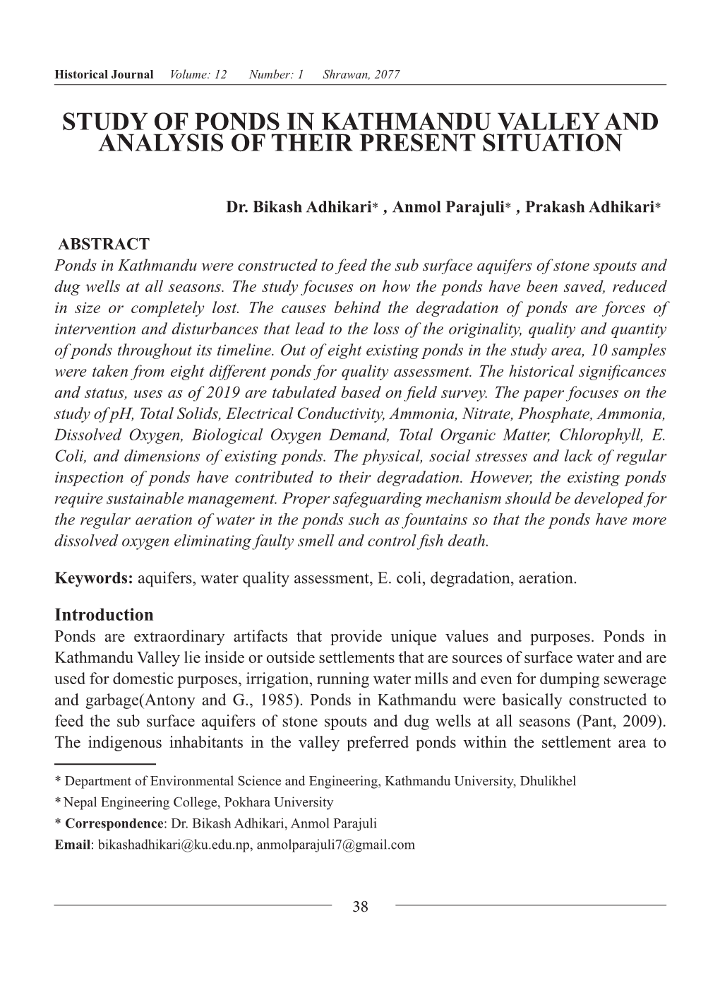 Study of Ponds in Kathmandu Valley and Analysis of Their Present Situation