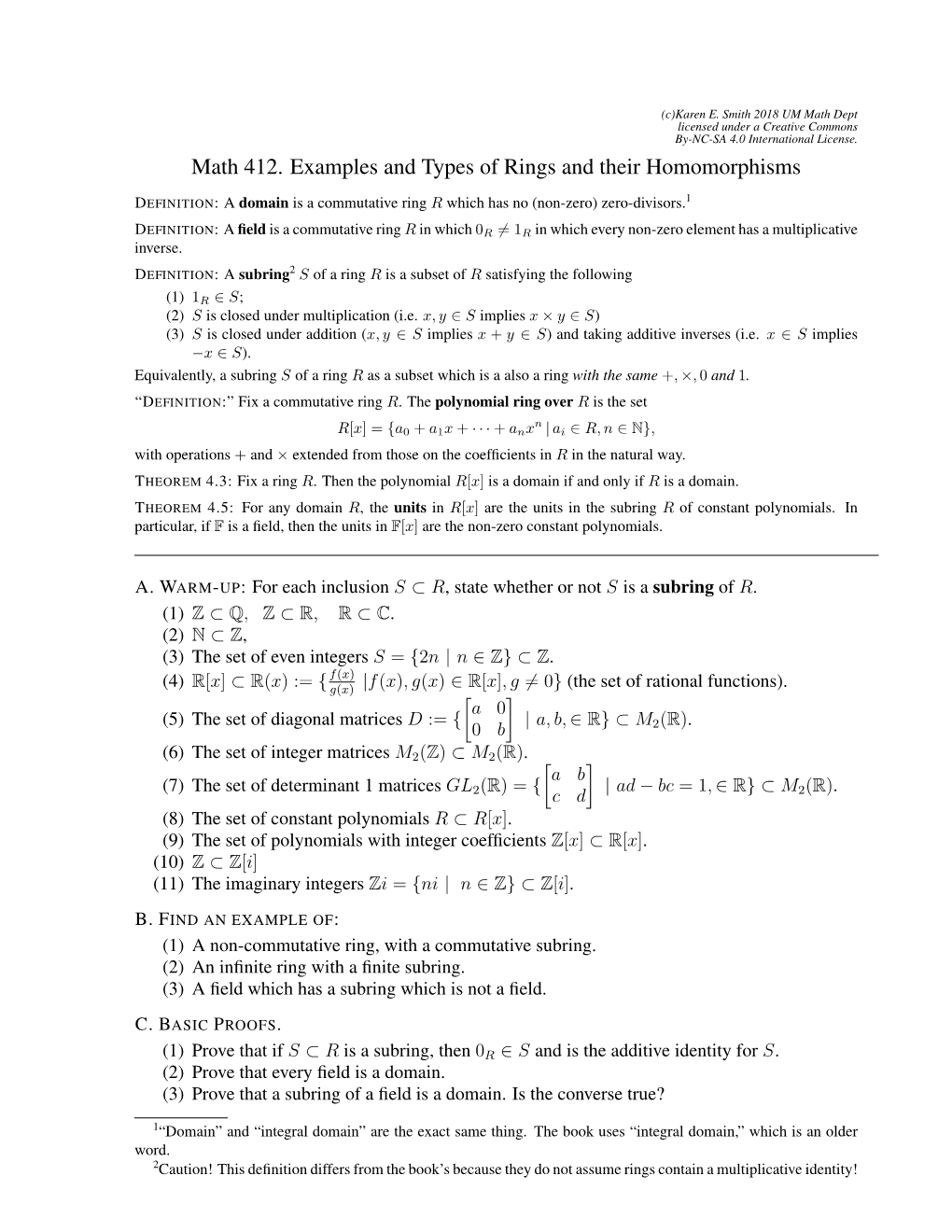 Math 412. Examples and Types of Rings and Their Homomorphisms