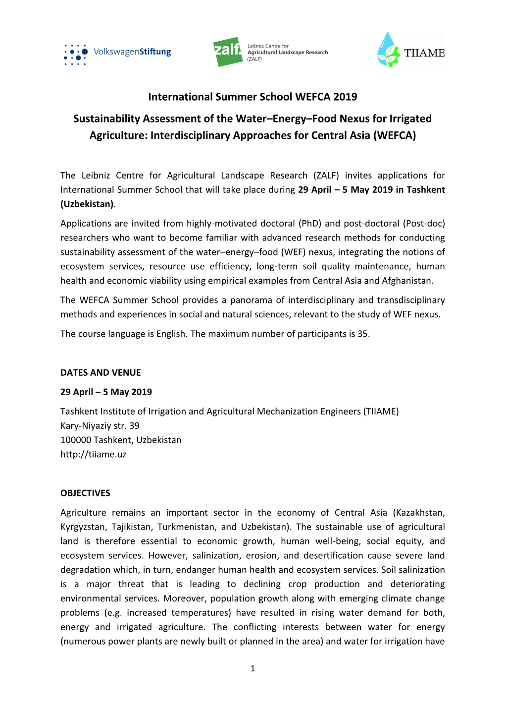 International Summer School WEFCA 2019 Sustainability Assessment of the Water–Energy–Food Nexus for Irrigated Agriculture: I