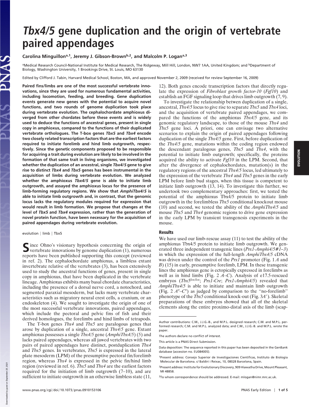 Tbx4/5 Gene Duplication and the Origin of Vertebrate Paired Appendages