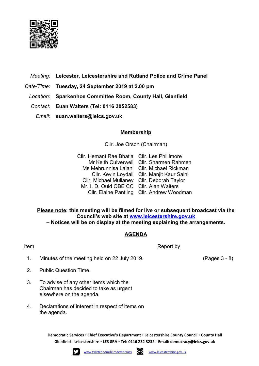 Agenda Document for Leicester, Leicestershire and Rutland Police and Crime Panel, 24/09/2019 14:00