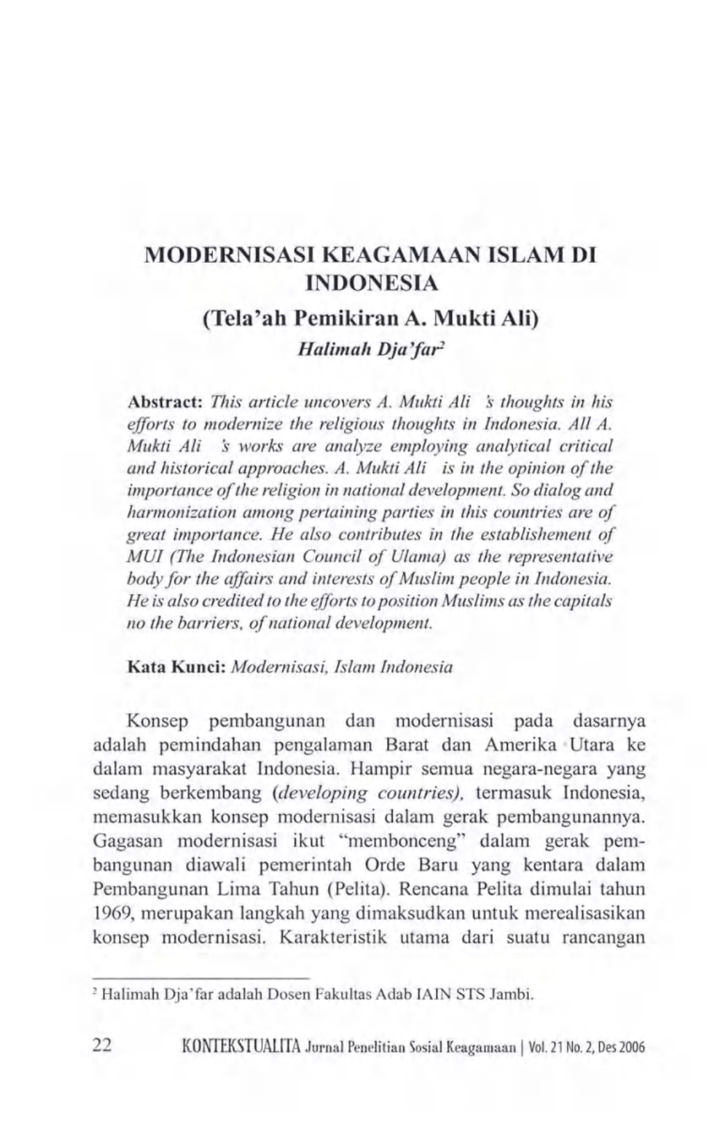 MODERNISASI I(EAGAMAAN ISLAM DI INDONBSIA (Tela'ah Pemikiran A