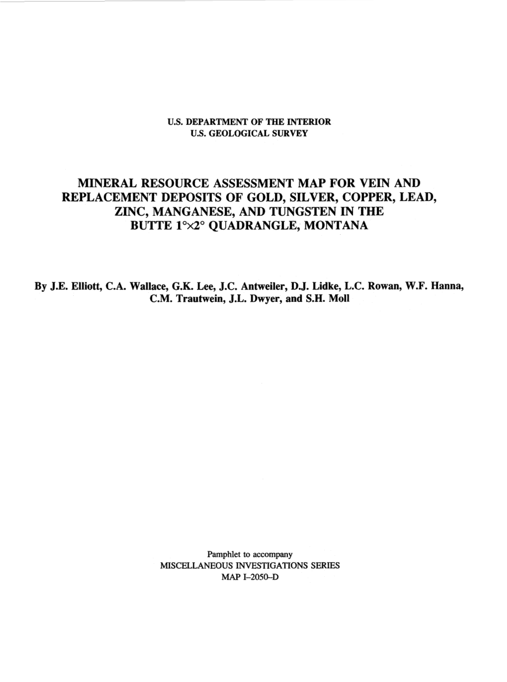 Mineral Resource Assessment Map for Vein and Replacement Deposits of Gold, Silver, Copper, Lead, Zinc, Manganese, and Tungsten I