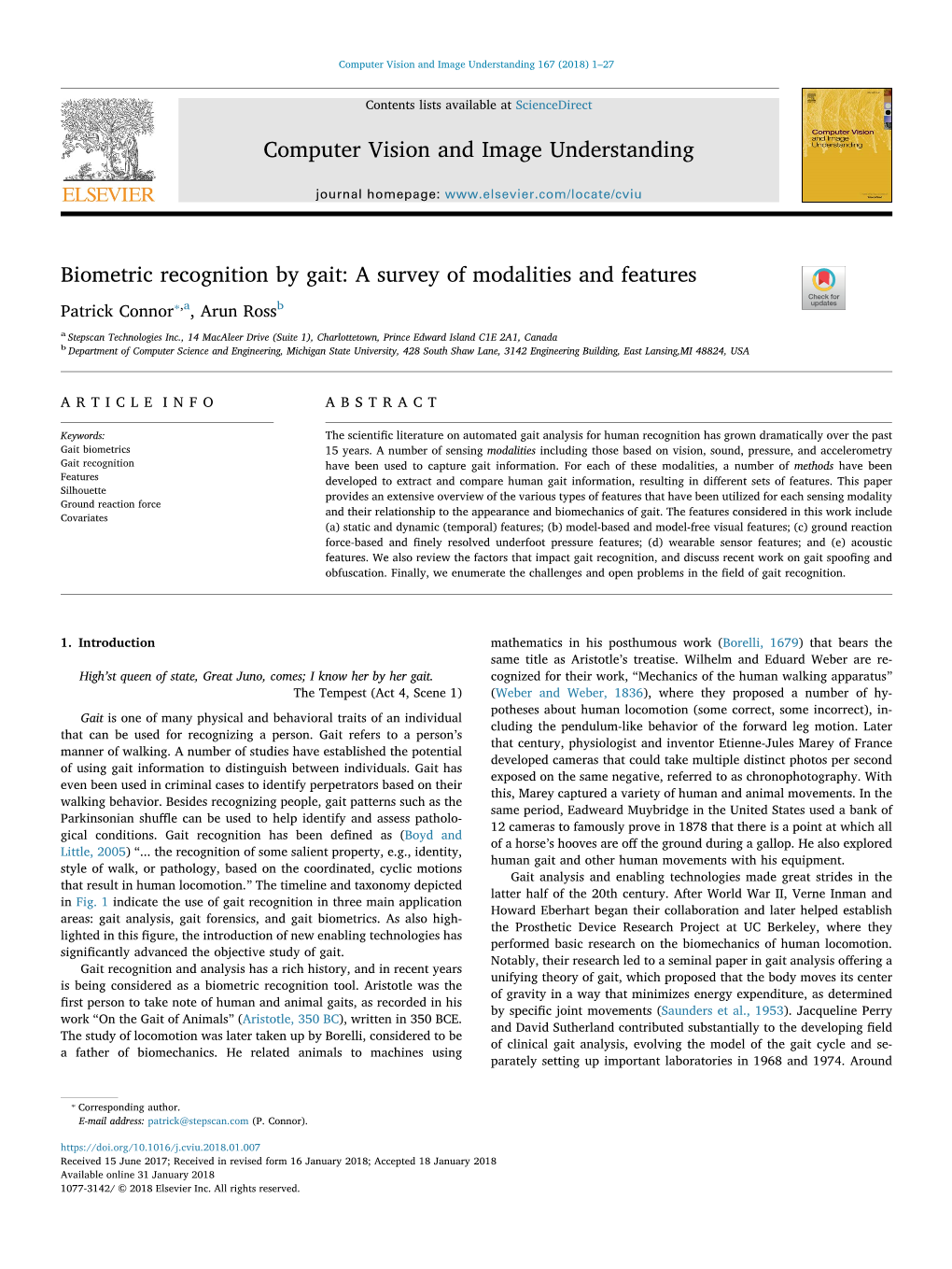 Biometric Recognition by Gait: a Survey of Modalities and Features