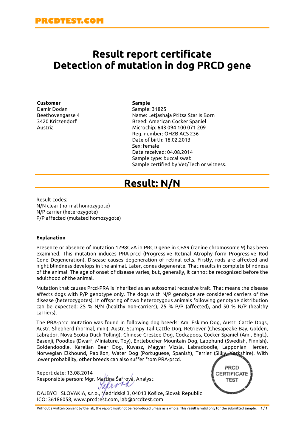 Result Report Certificate Detection of Mutation in Dog PRCD Gene Result