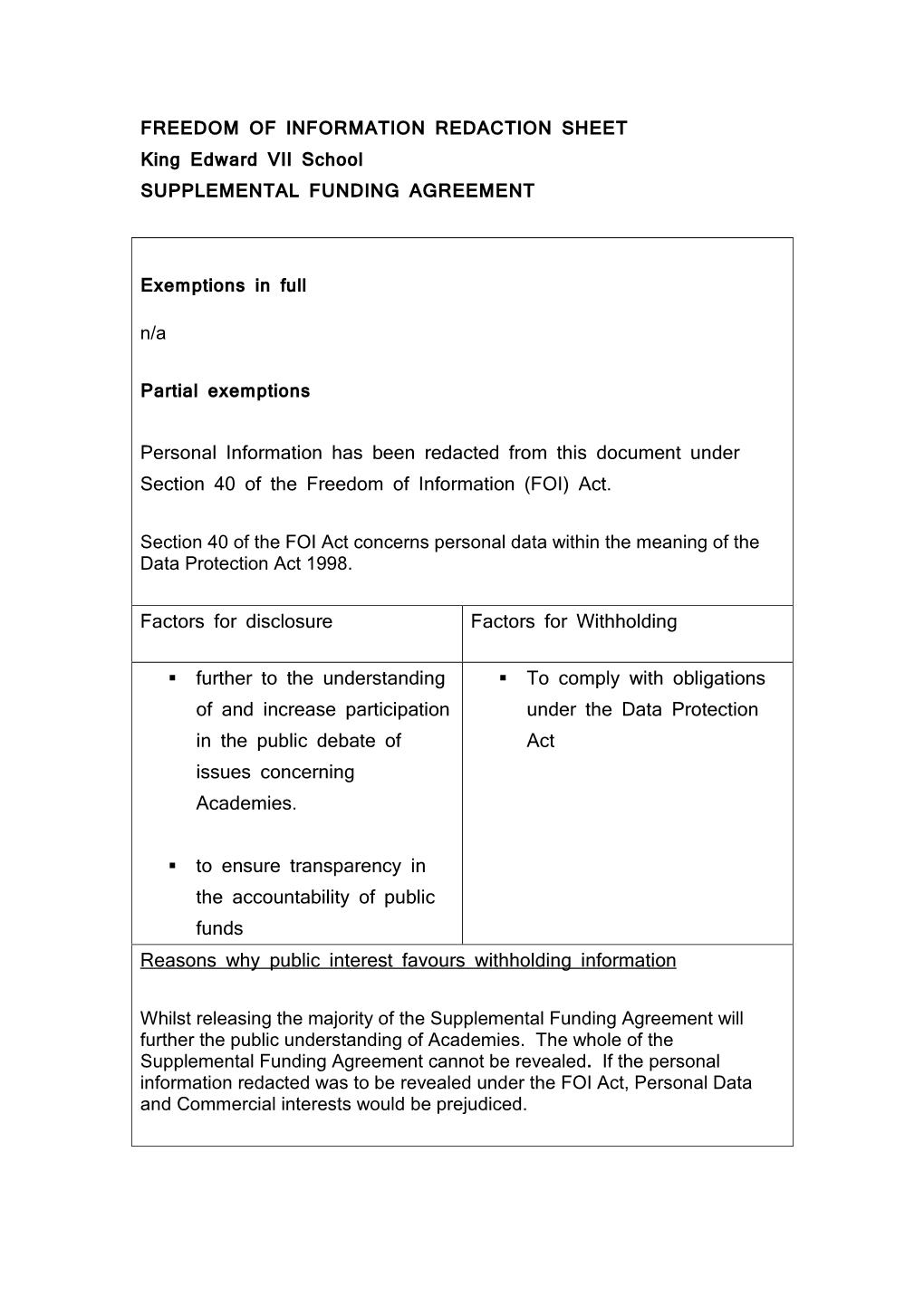 FREEDOM of INFORMATION REDACTION SHEET King Edward VII School SUPPLEMENTAL FUNDING AGREEMENT