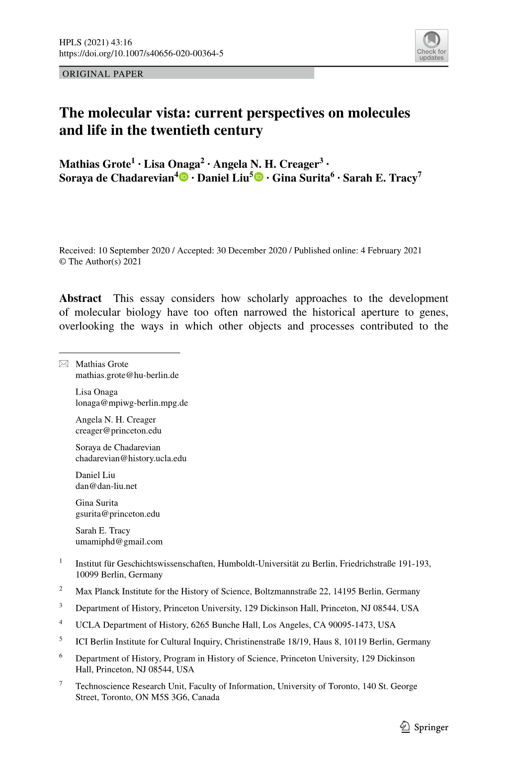 The Molecular Vista: Current Perspectives on Molecules and Life in the Twentieth Century