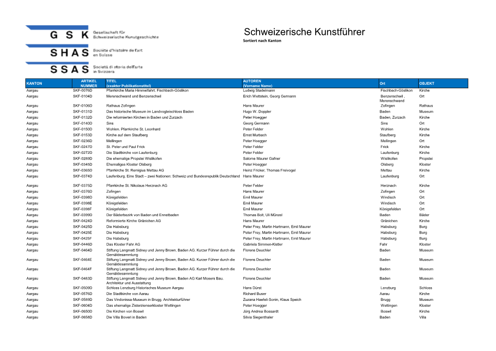 Schweizerische Kunstführer Sortiert Nach Kanton