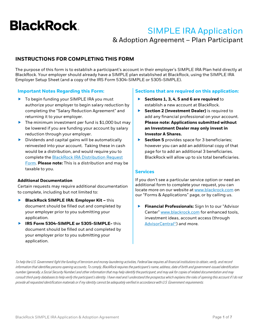 SIMPLE IRA Application & Adoption Agreement – Plan Participant