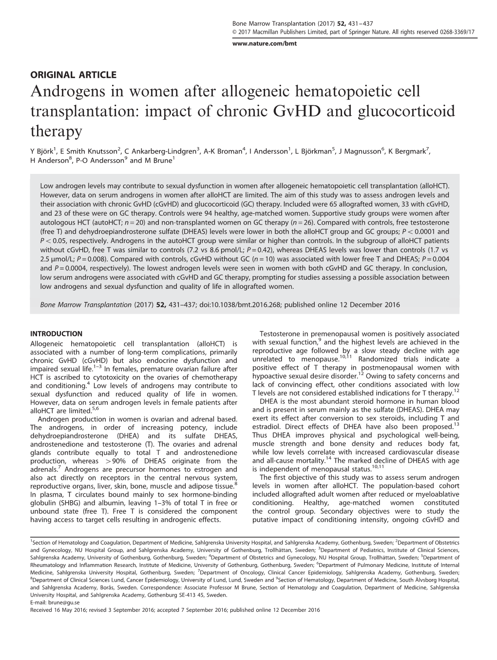 Androgens in Women After Allogeneic Hematopoietic Cell Transplantation: Impact of Chronic Gvhd and Glucocorticoid Therapy