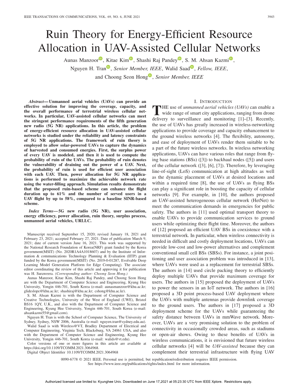 RUIN THEORY for ENERGY-EFFICIENT RESOURCE ALLOCATION in UAV-ASSISTED CELLULAR NETWORKS 3945 Cellular Networks and Meet 5G NR Performance Requirements
