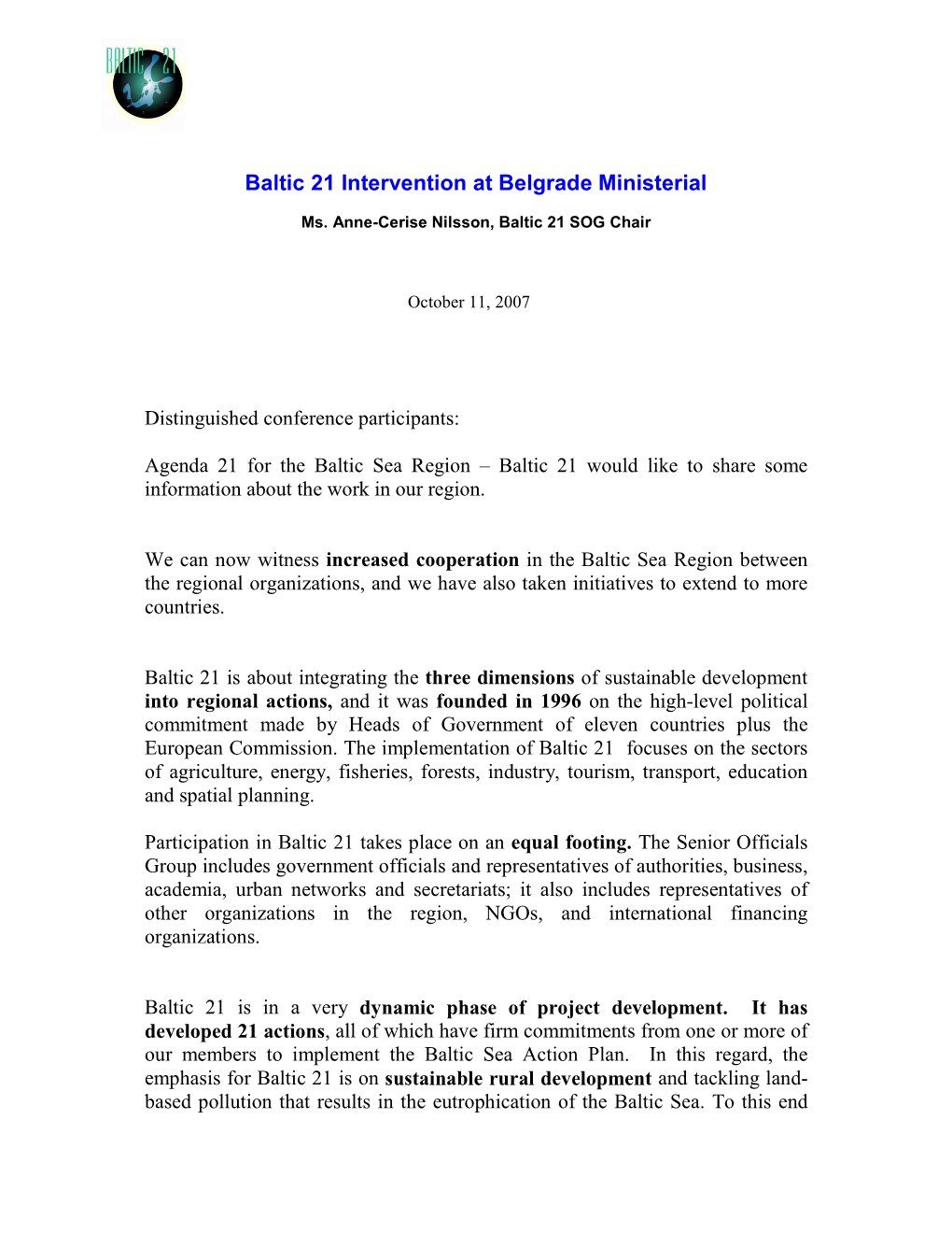 Baltic 21 Intervention at Belgrade Ministerial