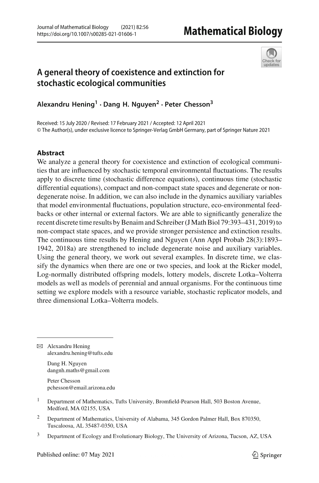 A General Theory of Coexistence and Extinction for Stochastic Ecological Communities