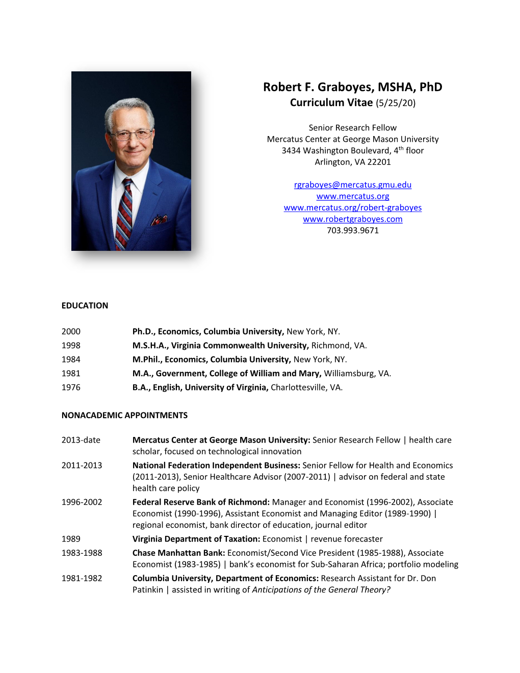 Robert F. Graboyes, MSHA, Phd Curriculum Vitae (5/25/20)