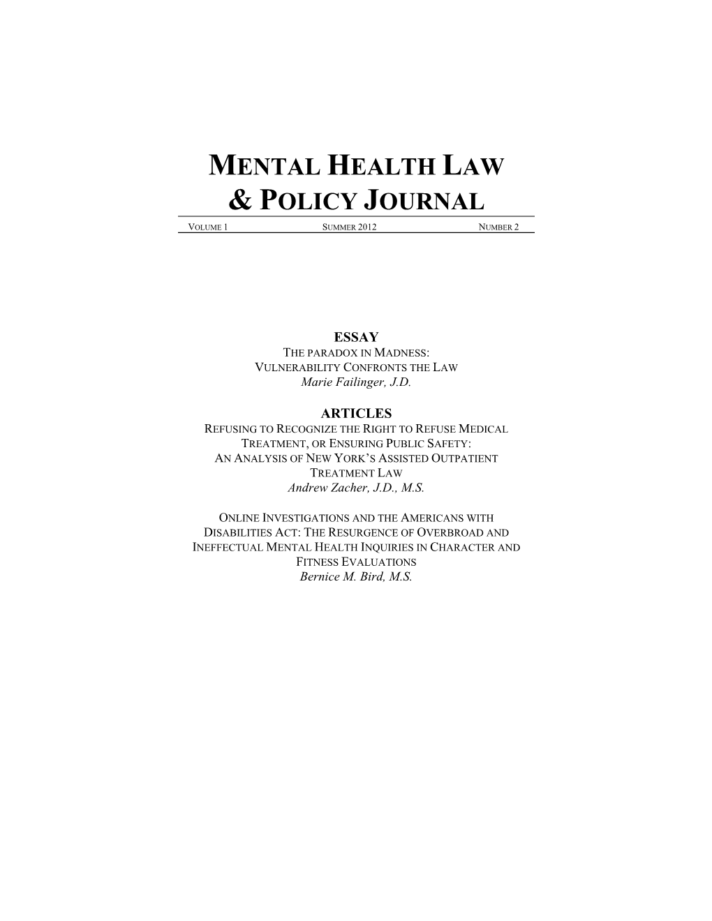 Mental Health Law & Policy Journal