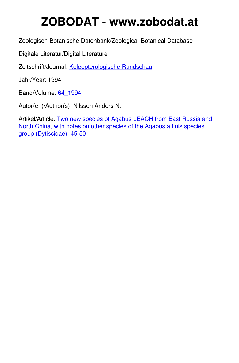 Two New Species Oîagabus LEACH from East Russia and North China, with Notes on Other Species of the Agabus Affinis Species Group (Coleoptera: Dytiscidae)