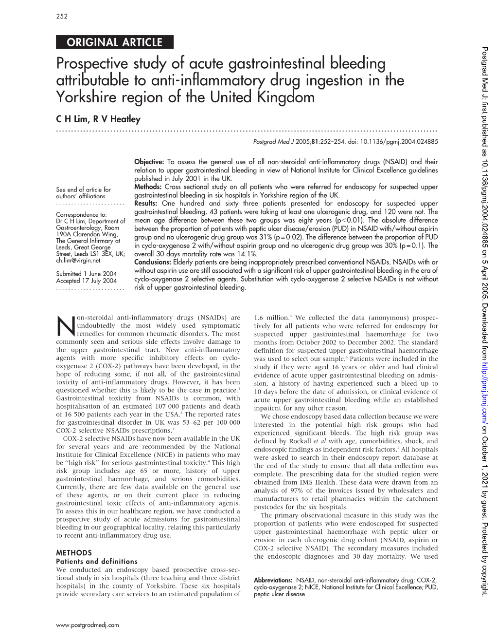 Prospective Study of Acute Gastrointestinal Bleeding Attributable to Anti-Inflammatory Drug Ingestion in the Yorkshire Region Of