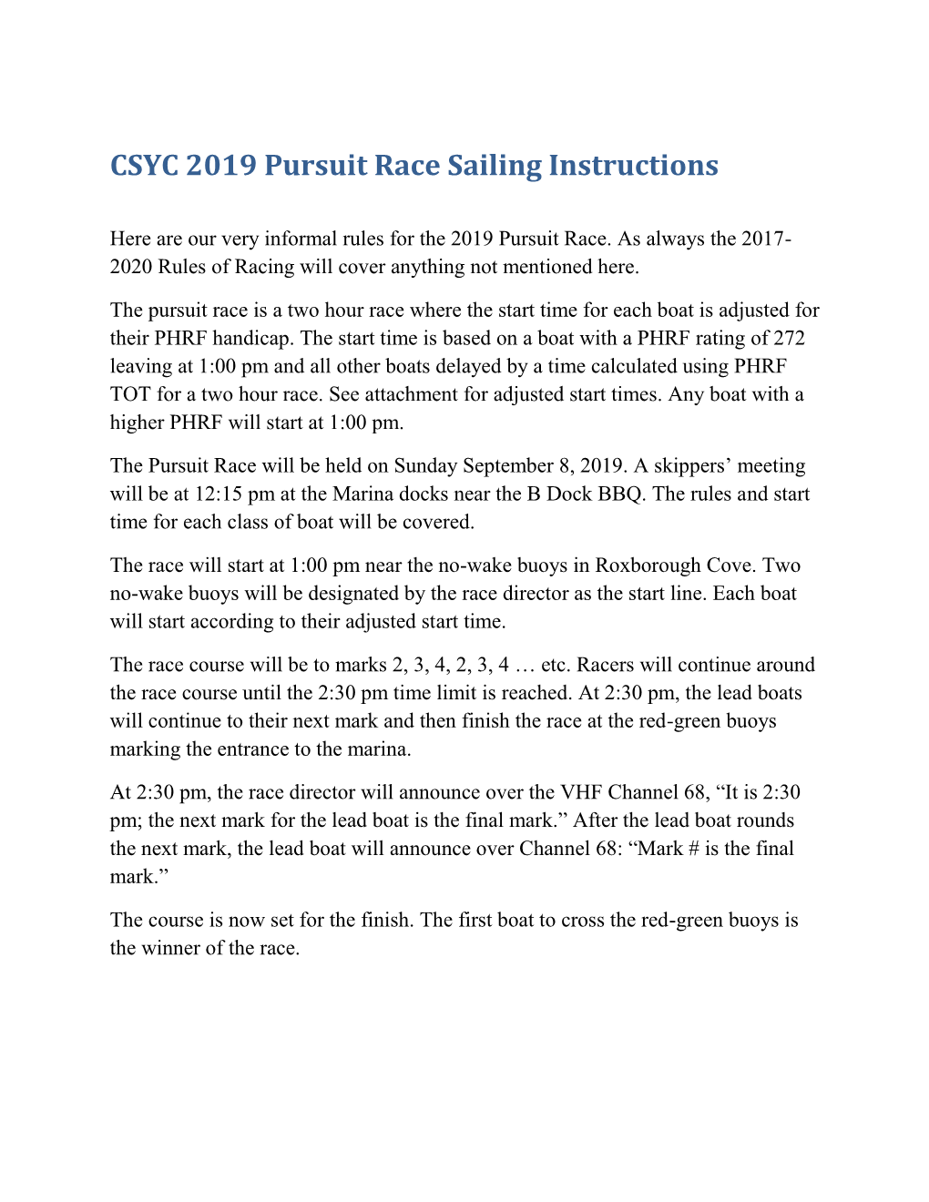 CSYC 2019 Pursuit Race Sailing Instructions