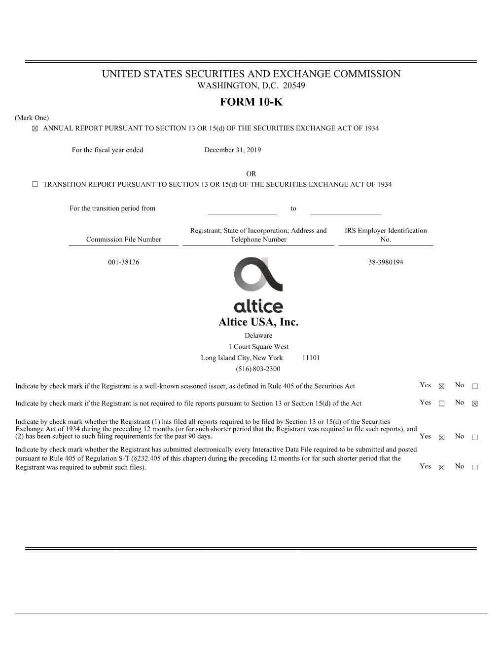 FORM 10-K Altice USA, Inc