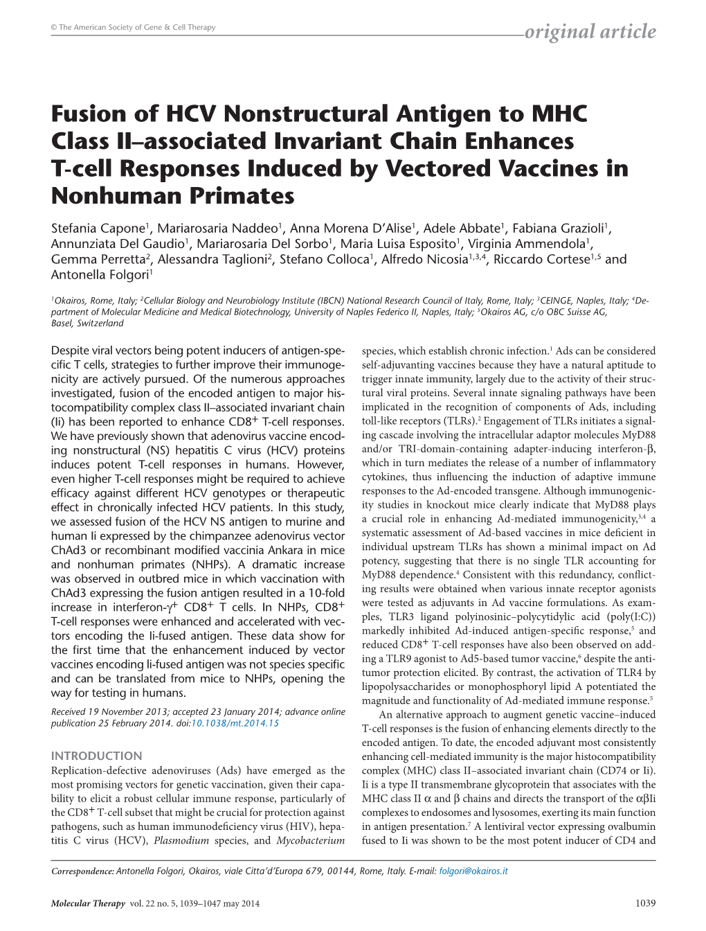 Fusion of HCV Nonstructural Antigen to MHC Class II–Associated Invariant Chain Enhances T-Cell Responses Induced by Vectored Vaccines in Nonhuman Primates