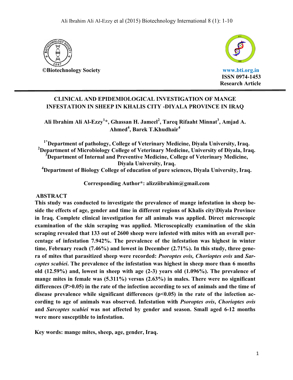 Ali Ibrahim Ali Al-Ezzy Et Al (2015) Biotechnology International 8 (1): 1-10