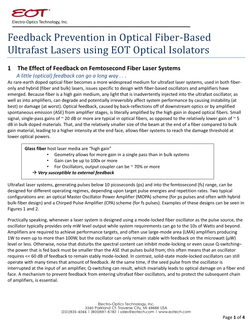 Feedback Prevention in Optical Fiber-Based Ultrafast Lasers Using EOT Optical Isolators