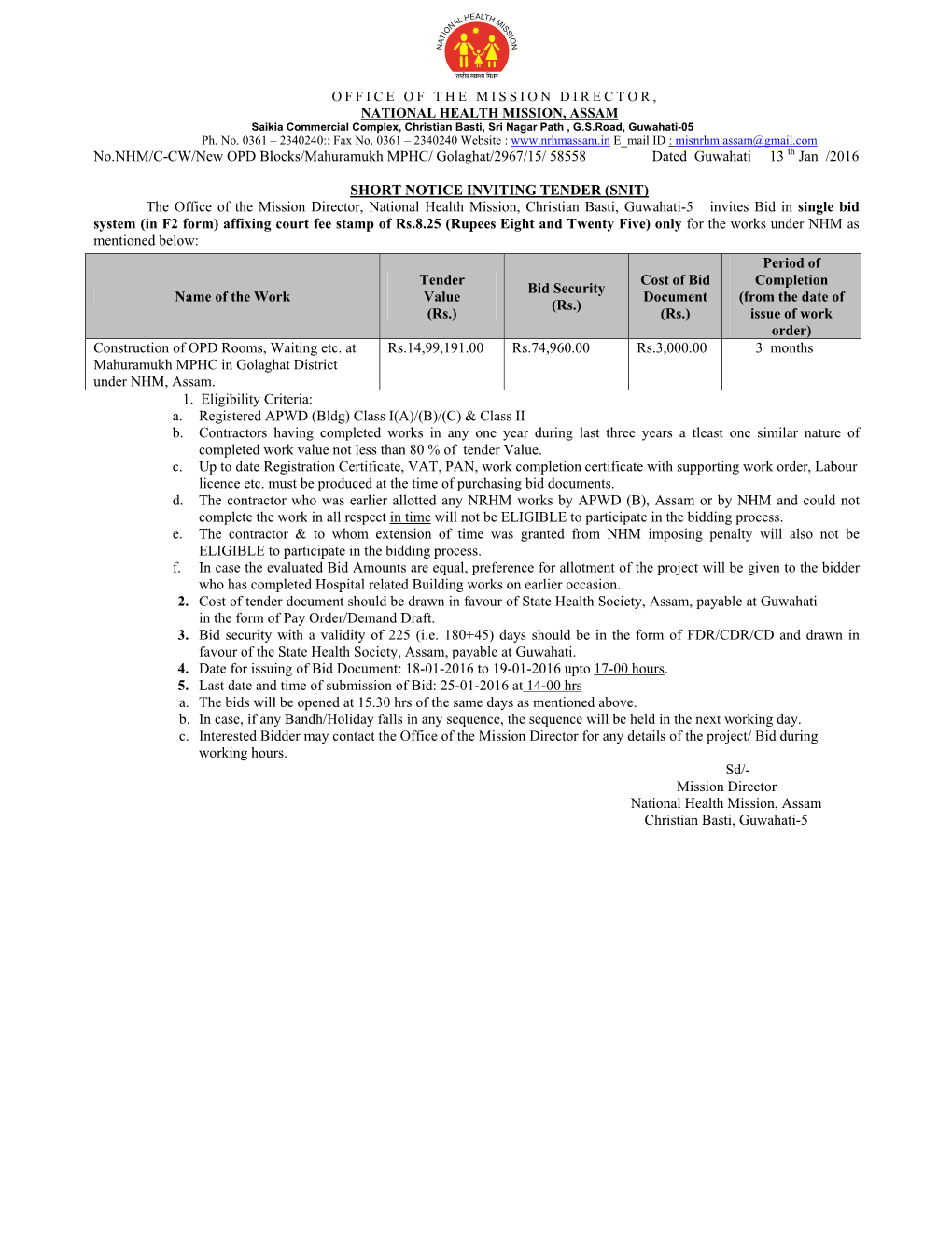 No.NHM/C-CW/New OPD Blocks/Mahuramukh MPHC/ Golaghat/2967/15/ 58558 Dated Guwahati 13 Th Jan /2016