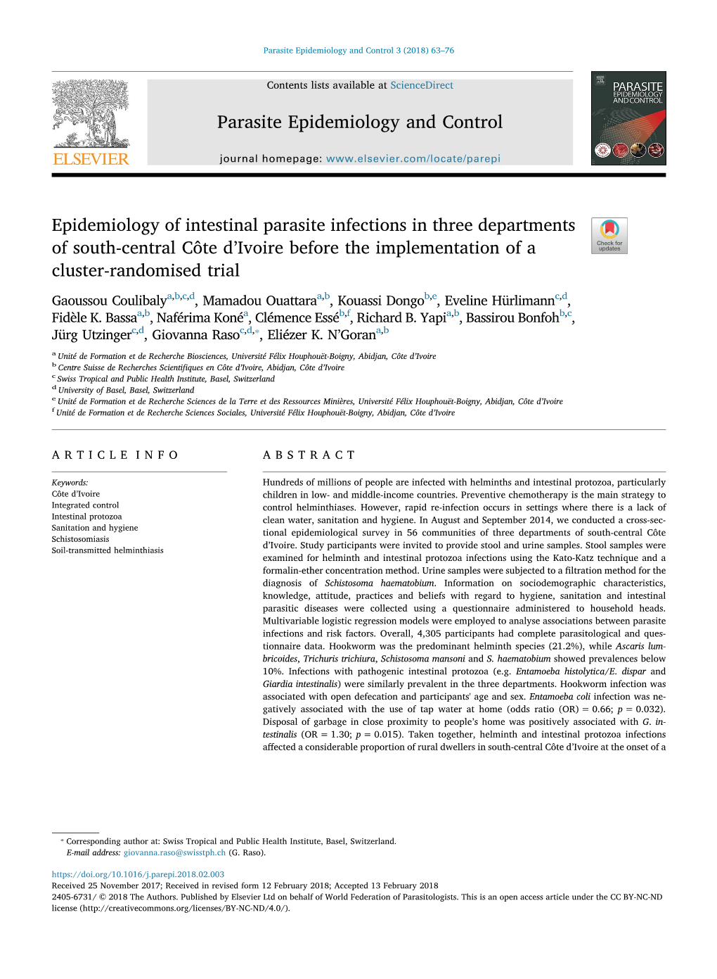 Epidemiology of Intestinal Parasite Infections in Three Departments of South-Central Côte D'ivoire Before the Implementation