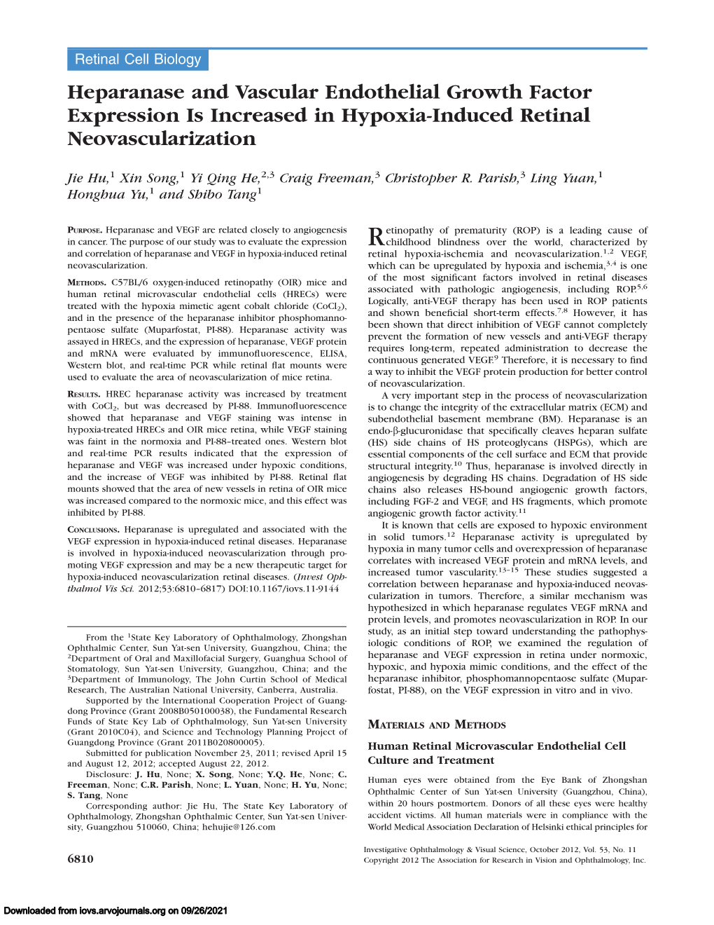 Heparanase and Vascular Endothelial Growth Factor Expression Is Increased in Hypoxia-Induced Retinal Neovascularization