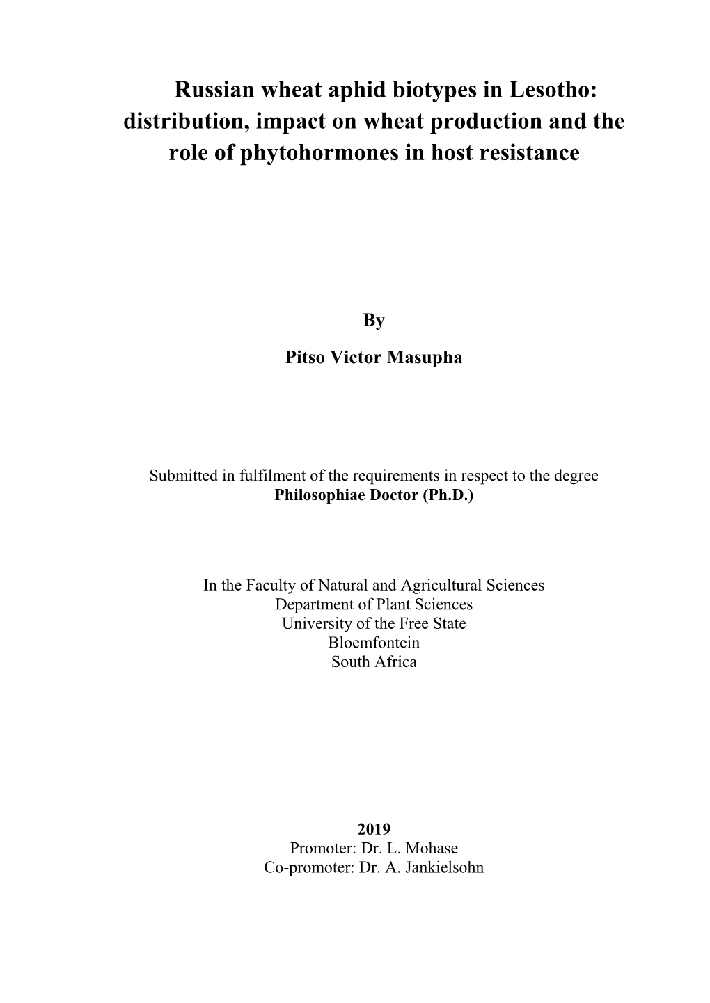 Russian Wheat Aphid Biotypes in Lesotho: Distribution, Impact on Wheat Production and the Role of Phytohormones in Host Resistance