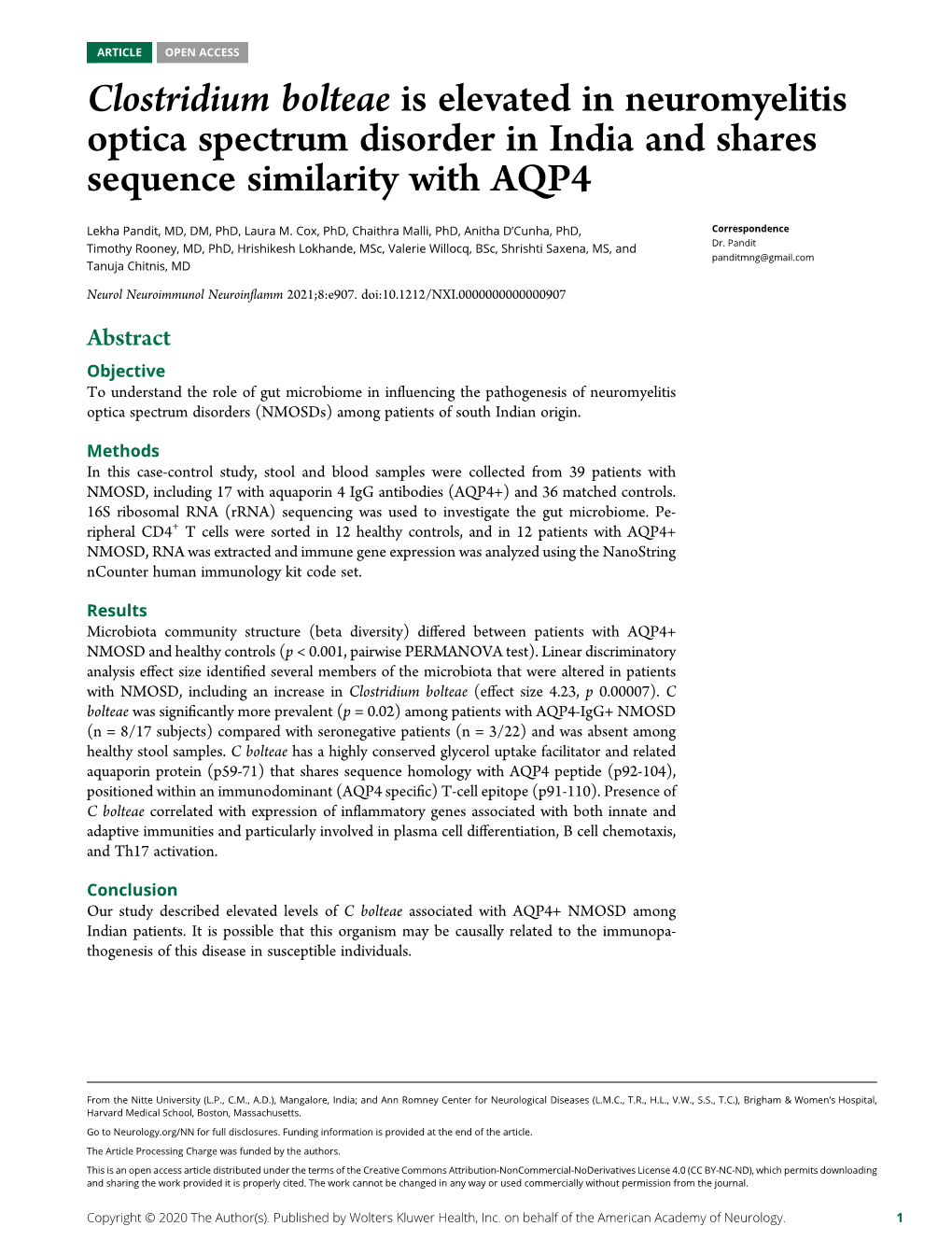 Clostridium Bolteae Is Elevated in Neuromyelitis Optica Spectrum Disorder in India and Shares Sequence Similarity with AQP4