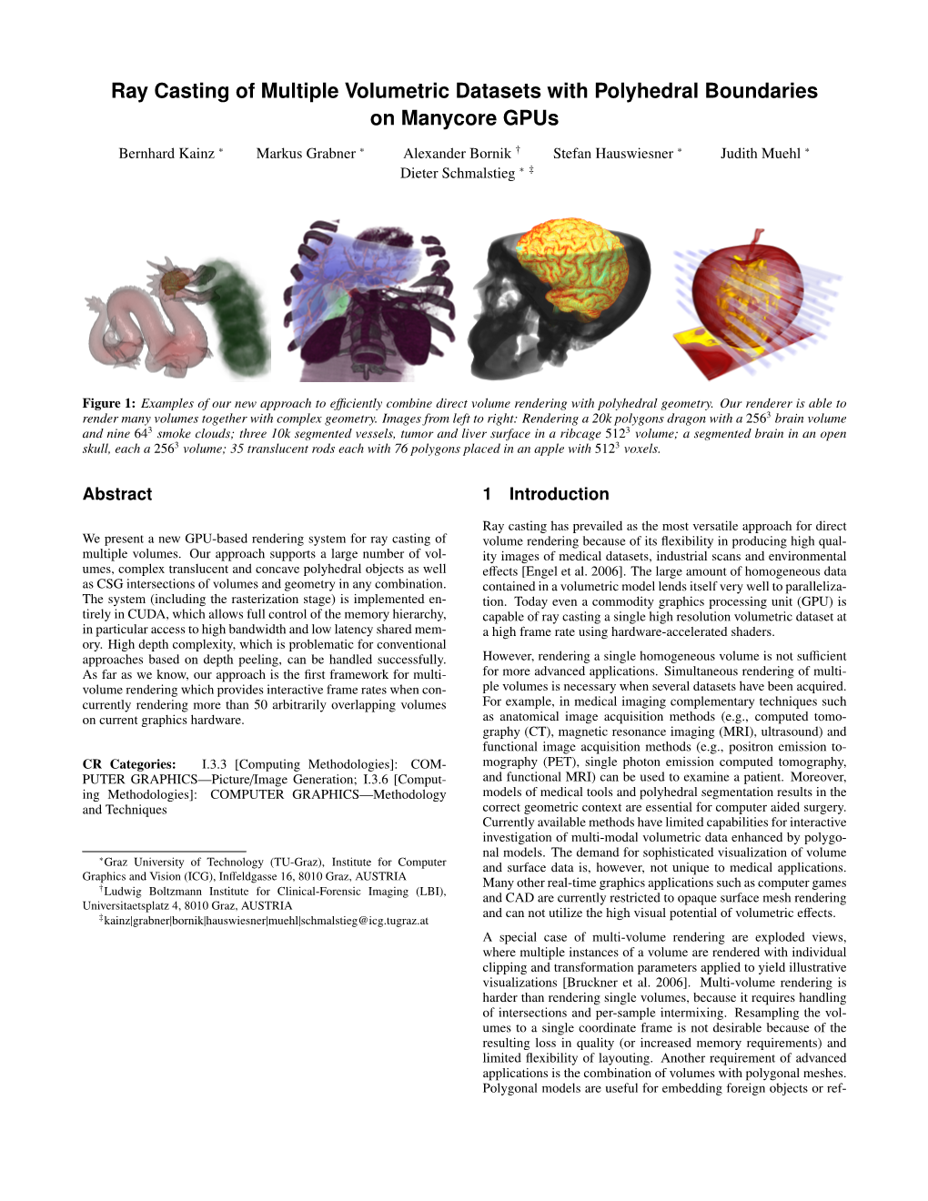 Ray Casting of Multiple Volumetric Datasets with Polyhedral Boundaries on Manycore Gpus