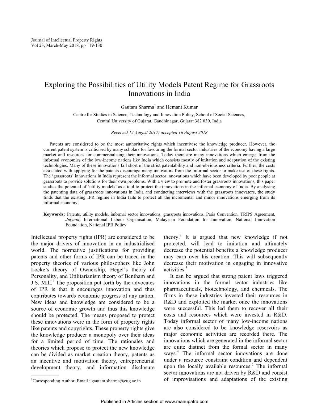 Exploring the Possibilities of Utility Models Patent Regime for Grassroots Innovations in India