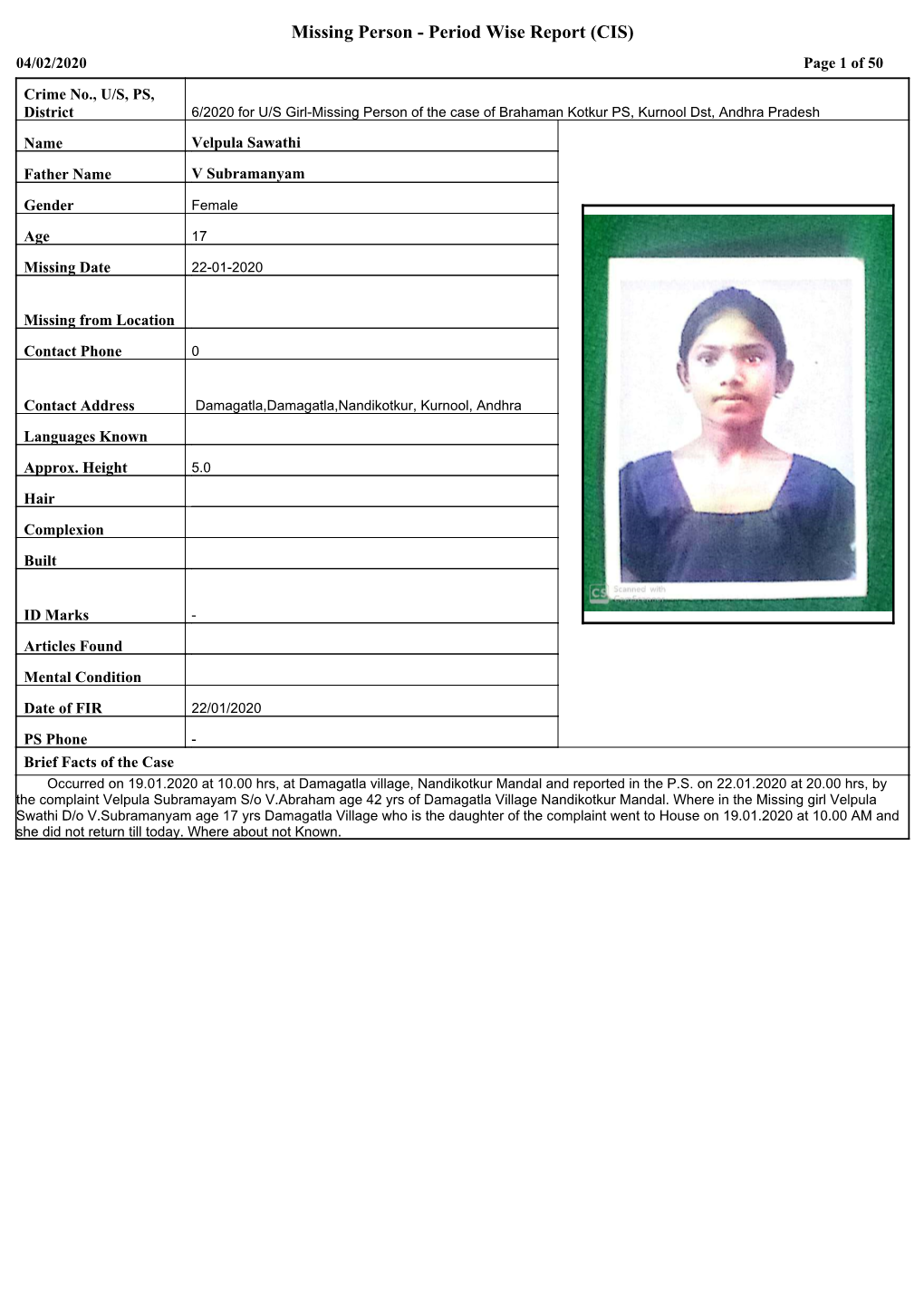 Missing Person - Period Wise Report (CIS) 04/02/2020 Page 1 of 50